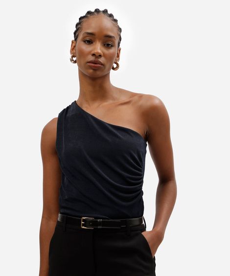 blusa ombro único feminina franzida acetinada azul