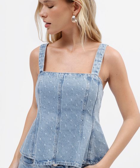 blusa peplum feminina jeans texturizada azul