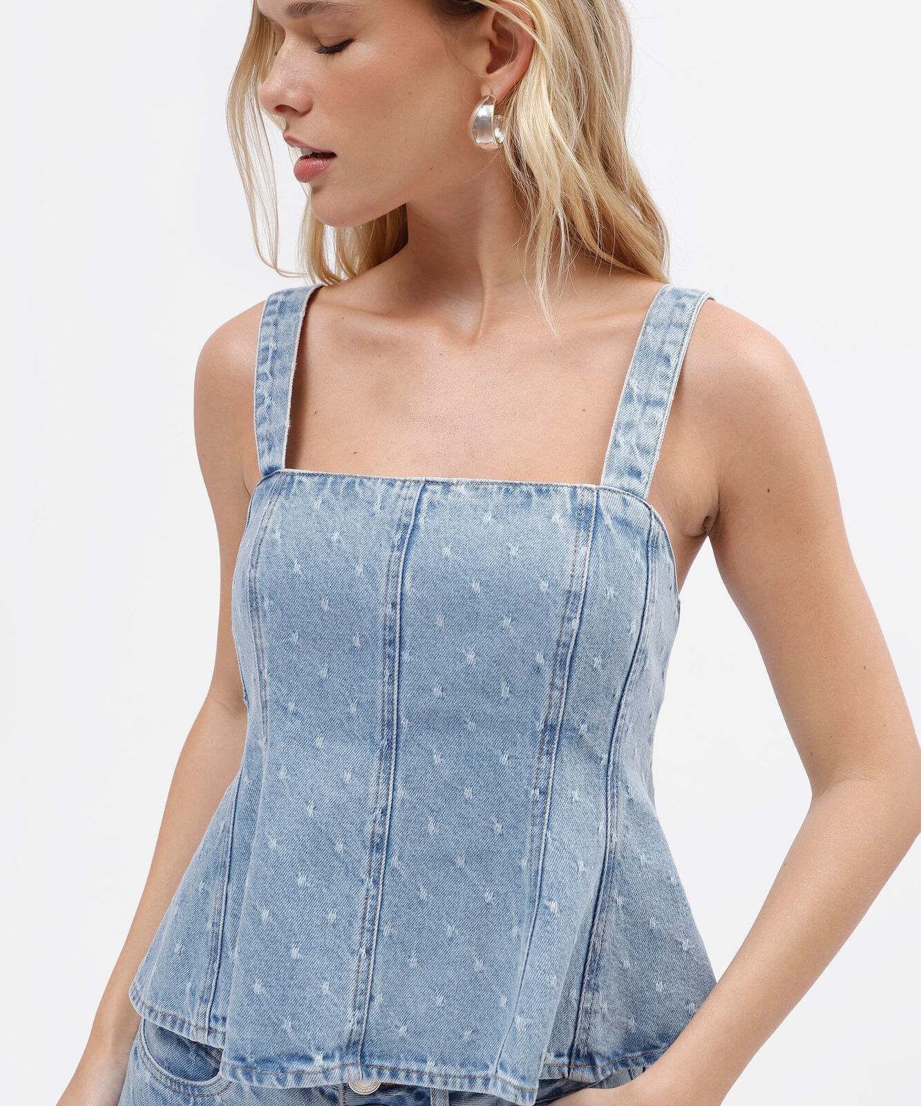 blusa peplum feminina jeans texturizada azul