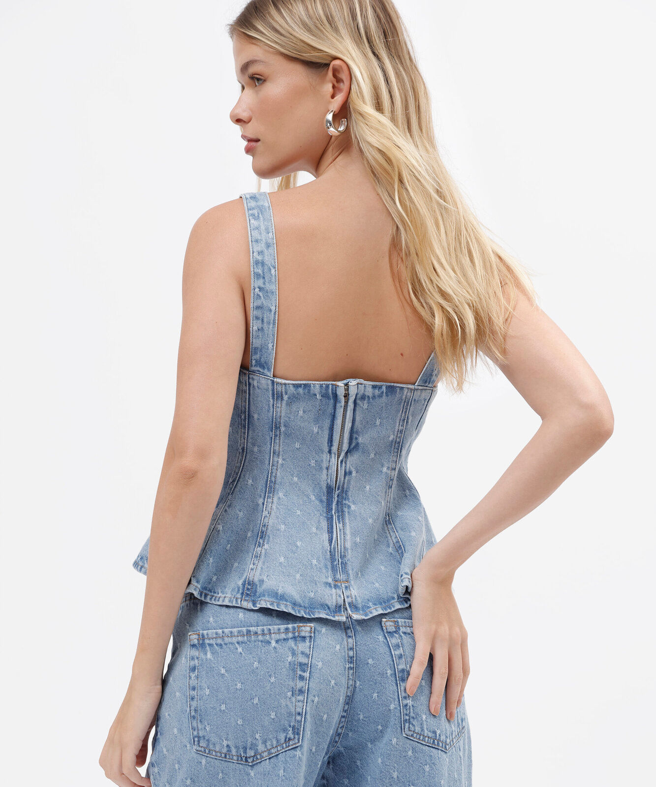 blusa peplum feminina jeans texturizada azul