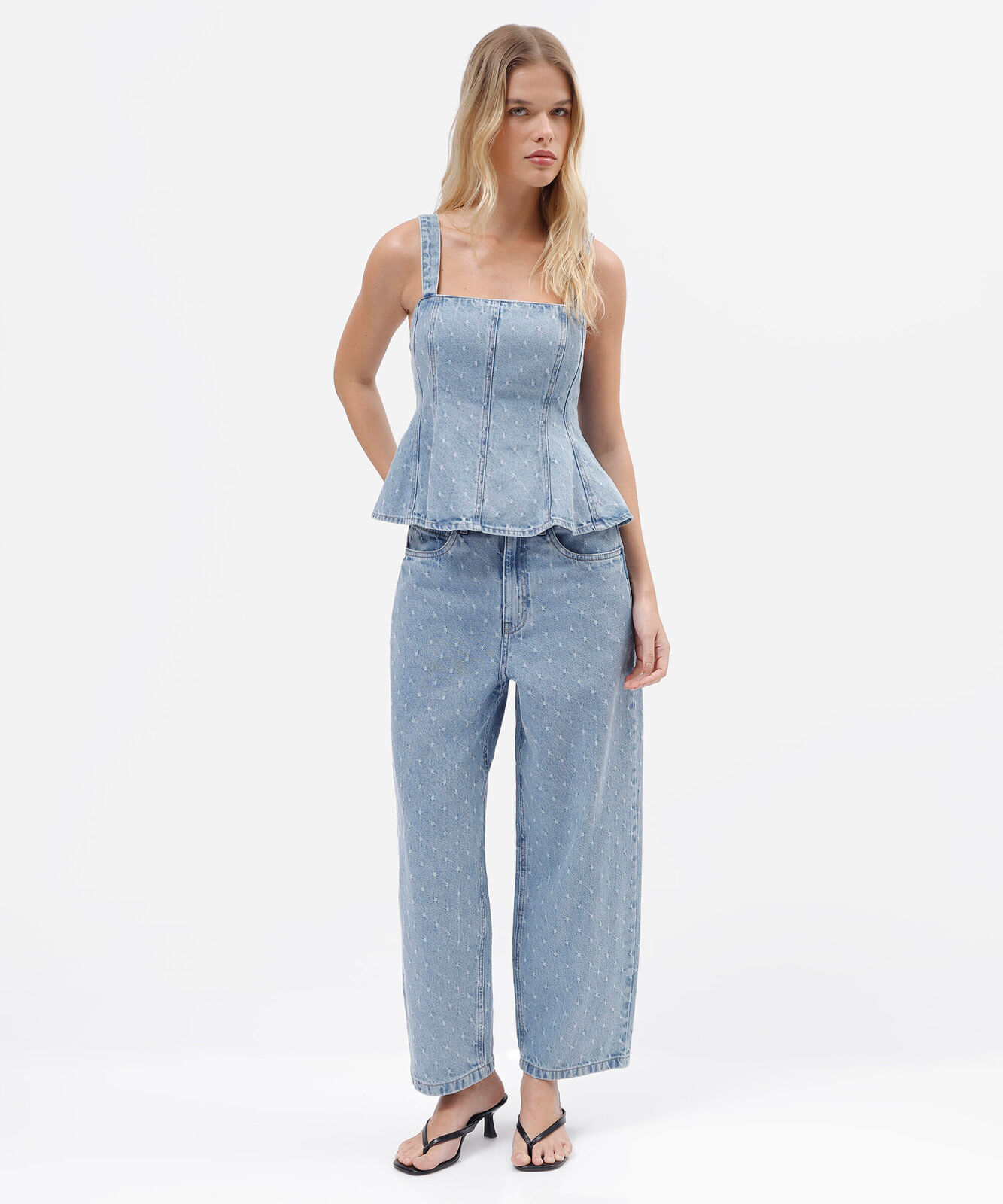 blusa peplum feminina jeans texturizada azul