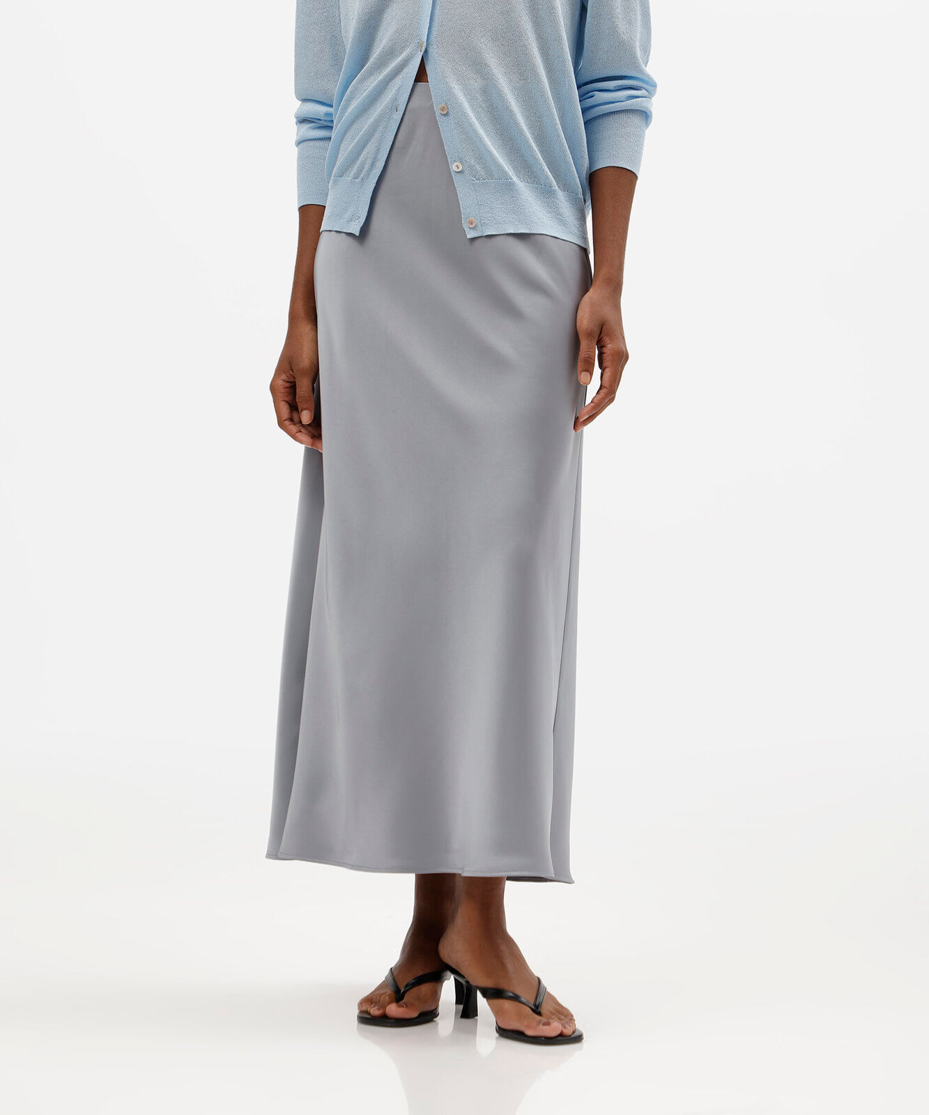 saia midi feminina acetinada cinza