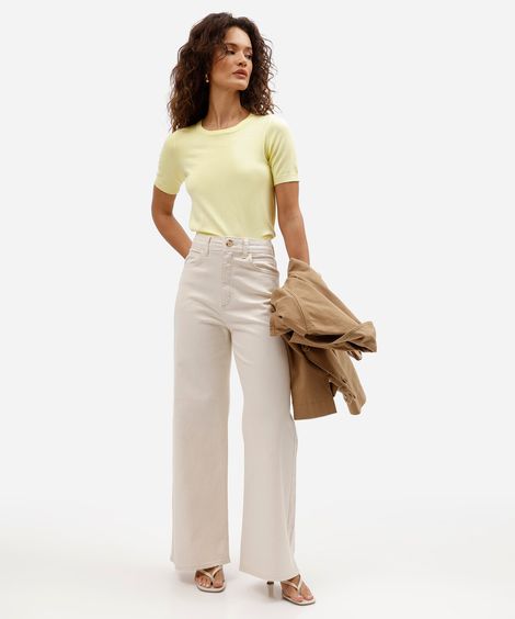 calça de sarja wide leg cropped cintura super alta bege
