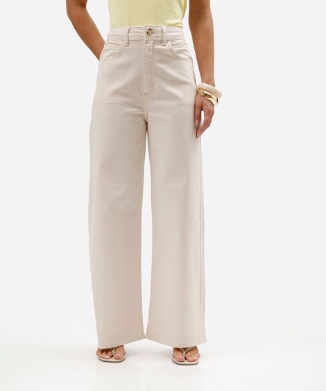 calça de sarja wide leg cropped cintura super alta bege