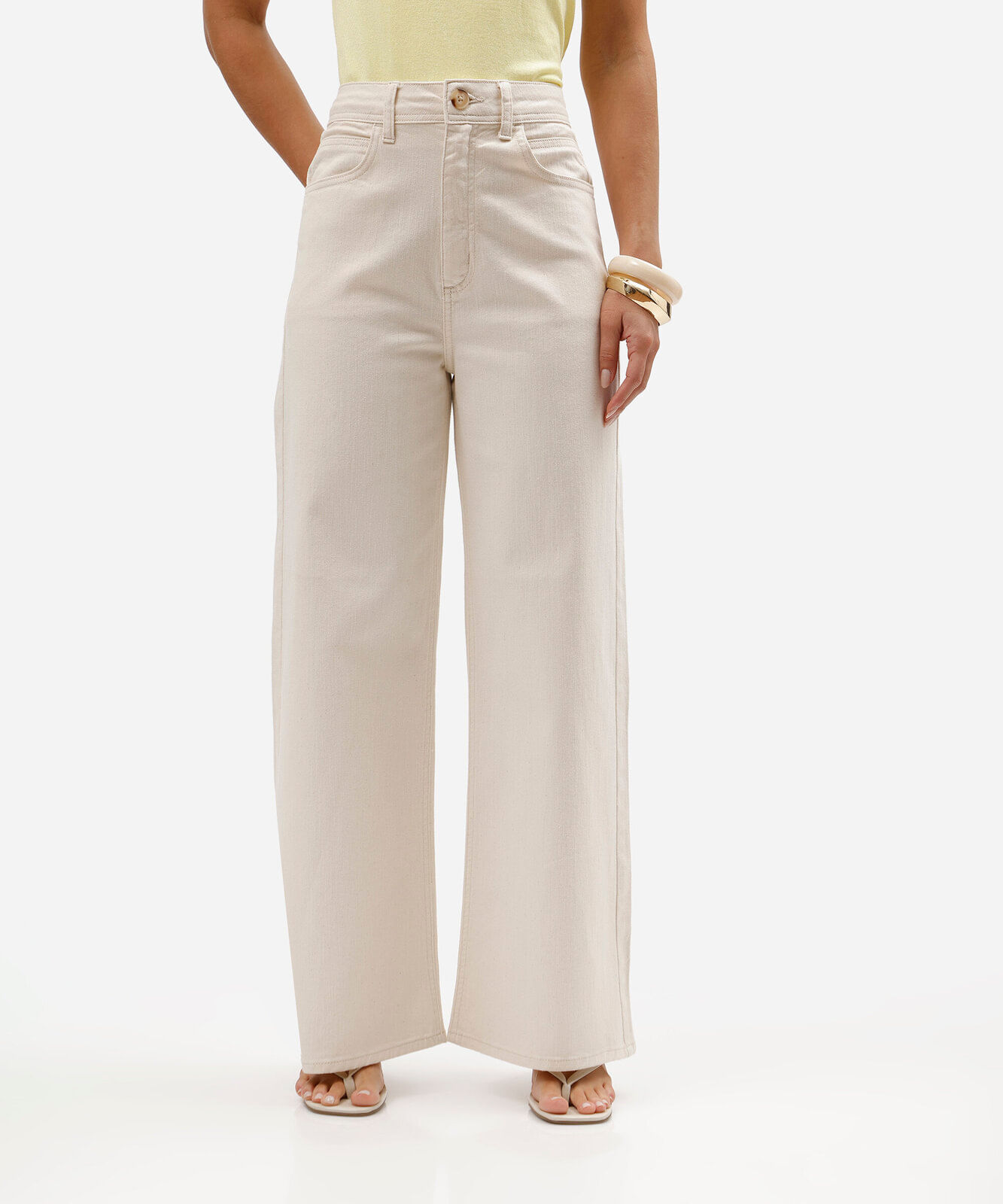 calça de sarja wide leg cropped cintura super alta bege