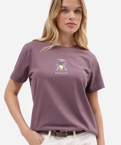 camiseta feminina de algodão manga curta estampada básica roxa