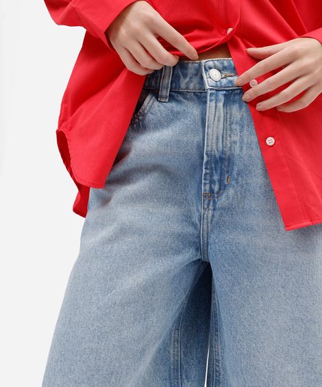 bermuda feminina jeans cintura média azul