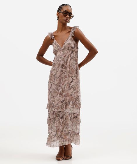 vestido longo feminino com babados paisley rosa