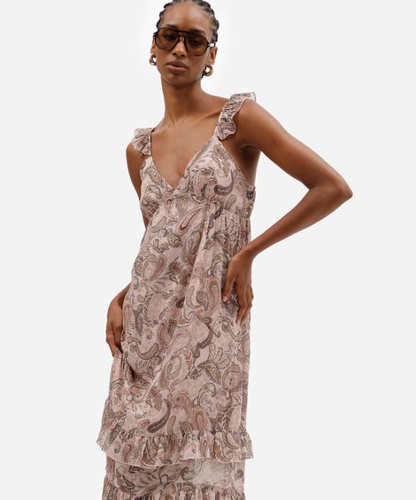 vestido longo feminino com babados paisley rosa