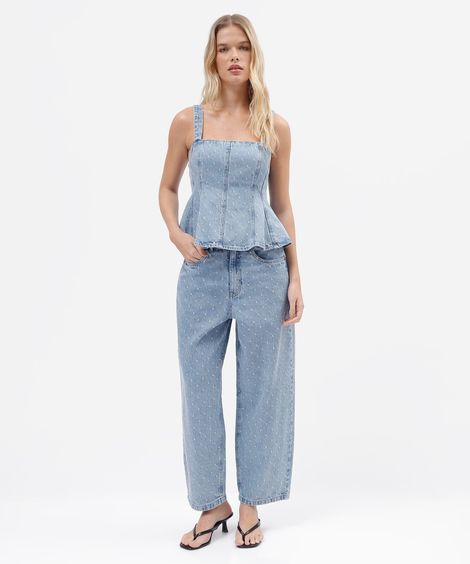 calça baggy feminina jeans cintura alta texturizada azul