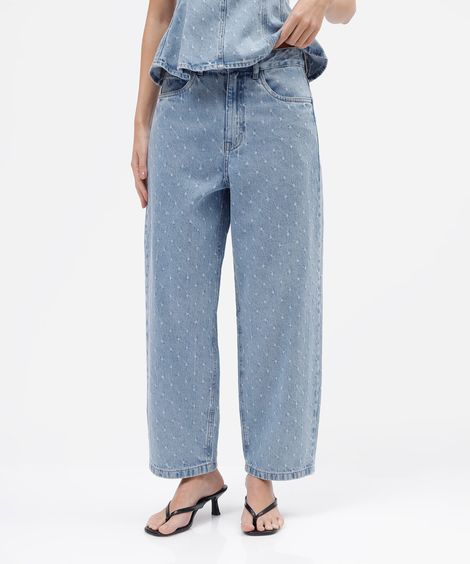 calça baggy feminina jeans cintura alta texturizada azul