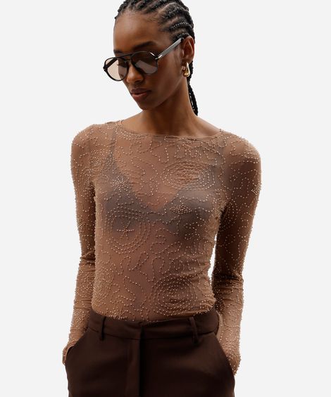 blusa feminina de tule bordado manga longa marrom