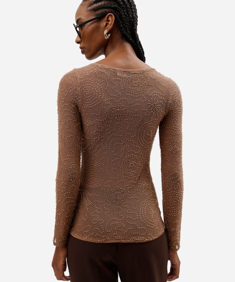 blusa feminina de tule bordado manga longa marrom