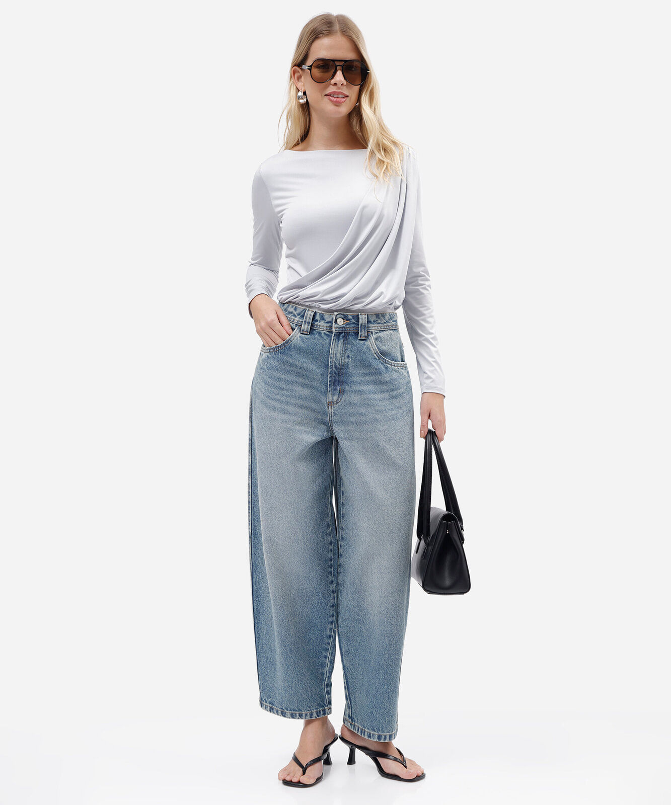 calça baggy feminina jeans cintura média azul