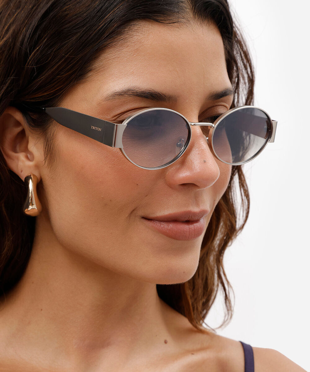 óculos de sol feminino redondo de metal triton prata