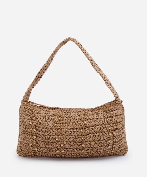 bolsa shoulder feminina em trama de palha de papel bege