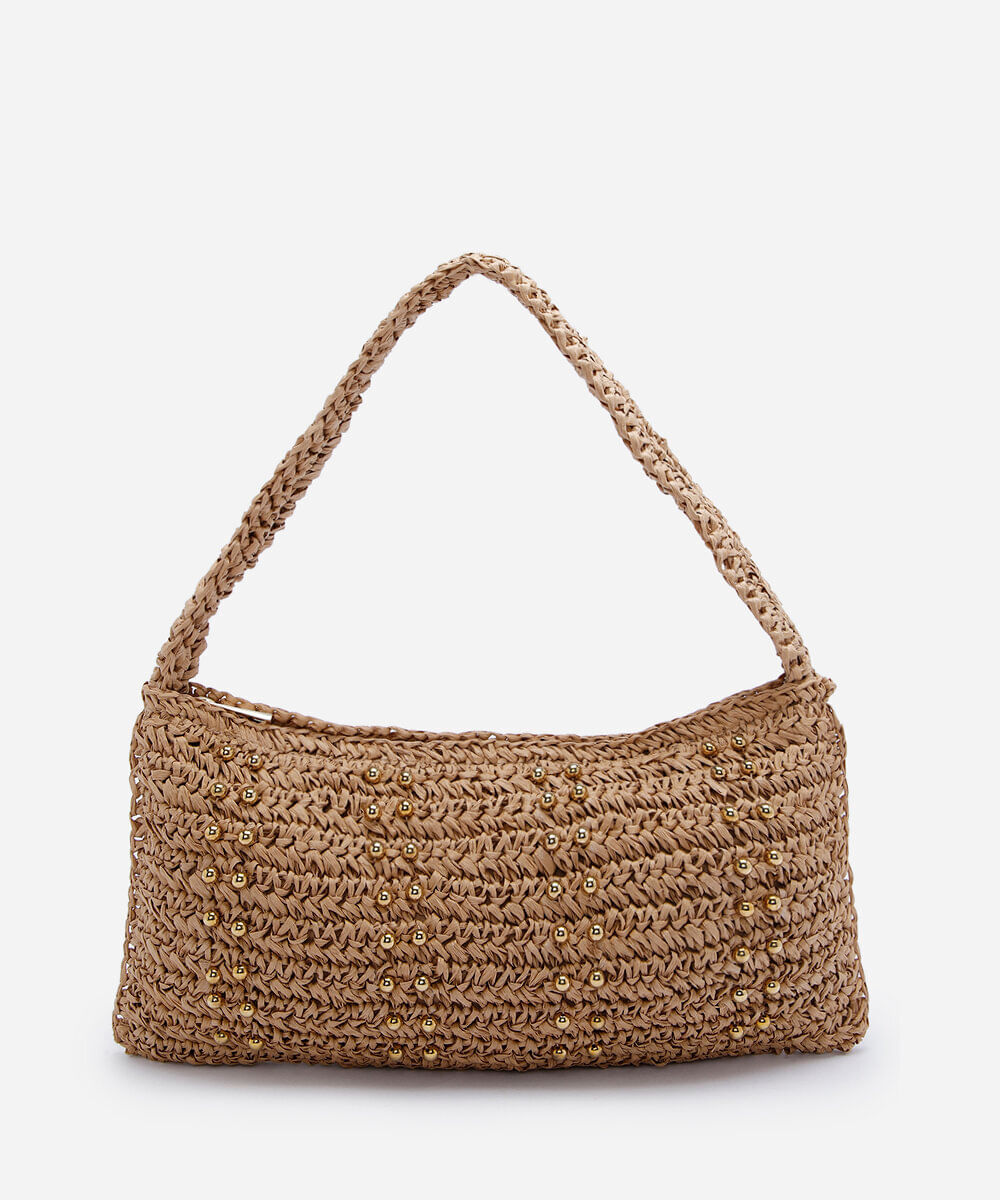 bolsa shoulder feminina em trama de palha de papel bege