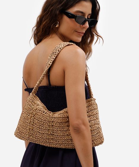 bolsa shoulder feminina em trama de palha de papel bege