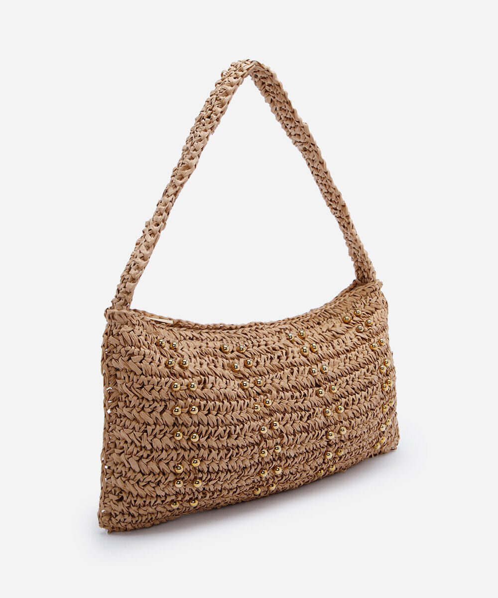 bolsa shoulder feminina em trama de palha de papel bege