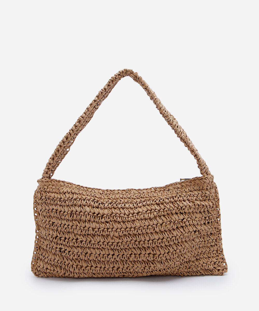 bolsa shoulder feminina em trama de palha de papel bege