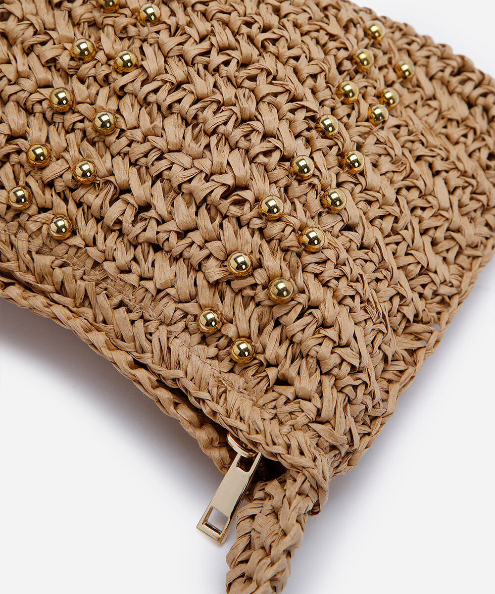 bolsa shoulder feminina em trama de palha de papel bege