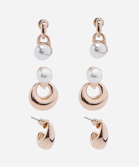 kit de 3 brincos pérola e gota dourado