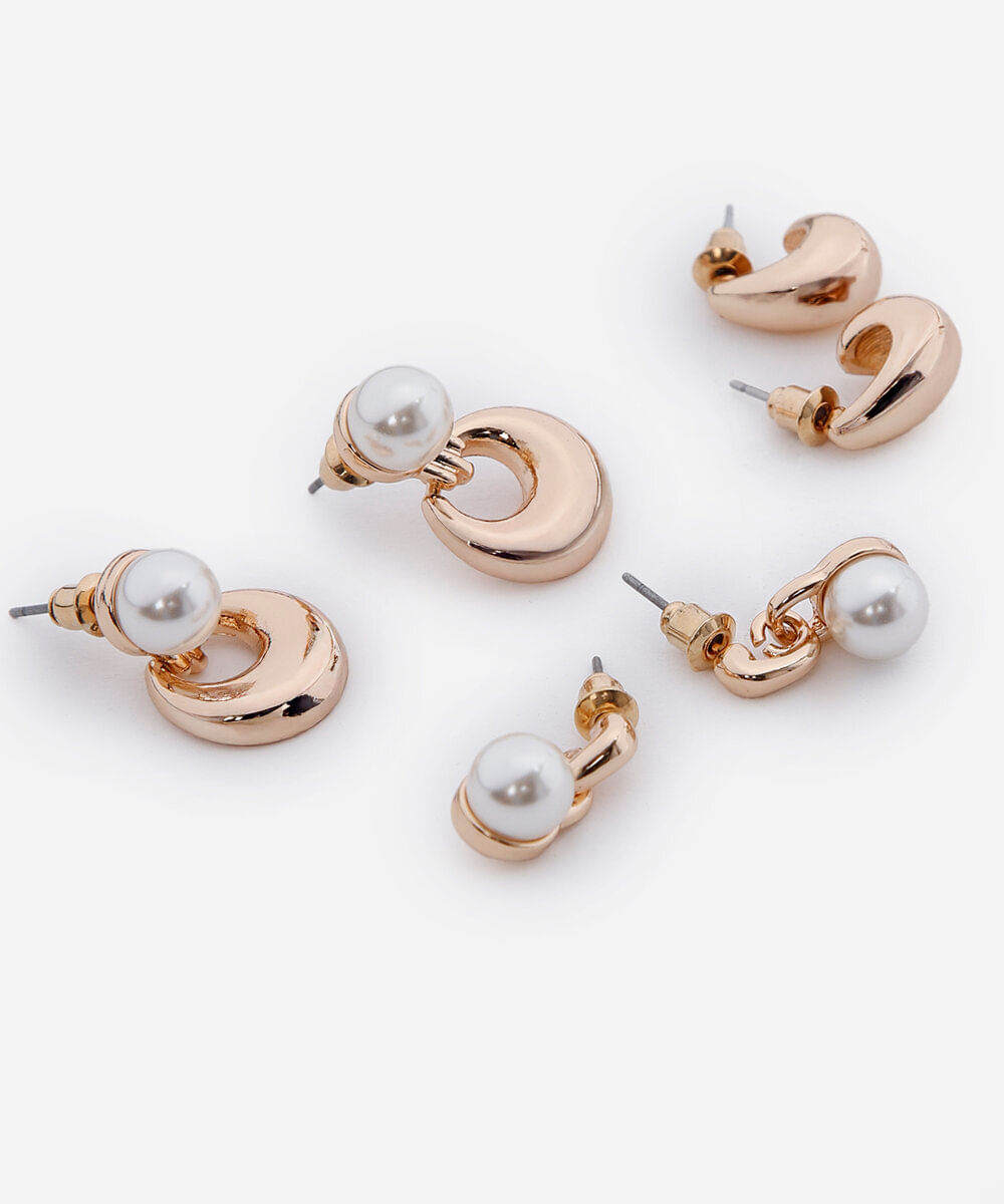 kit de 3 brincos pérola e gota dourado