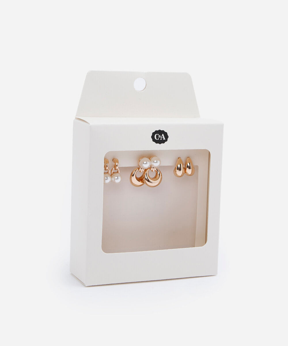 kit de 3 brincos pérola e gota dourado