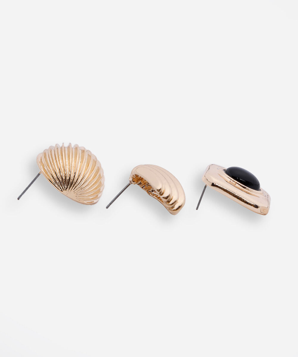 kit de 3 brincos texturizado e resina dourado