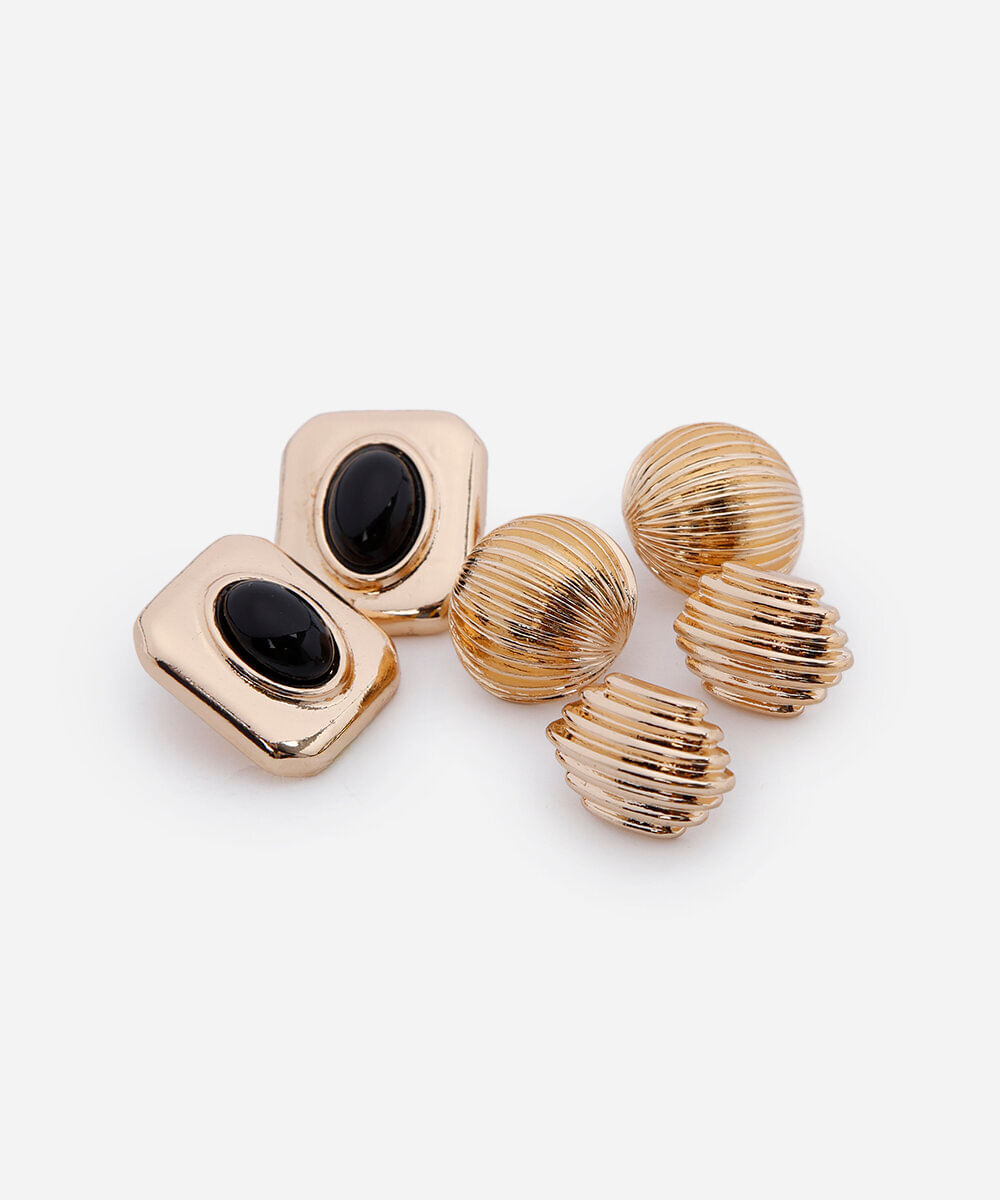 kit de 3 brincos texturizado e resina dourado