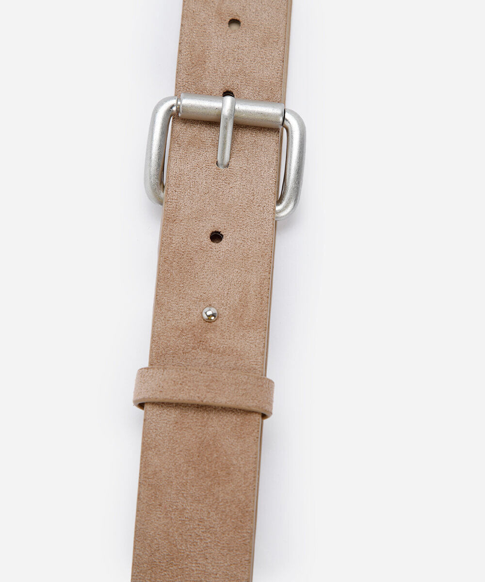 cinto de suede com fivela quadrada bege