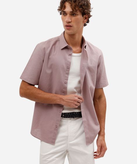 camisa comfort masculina com linho manga curta lilás