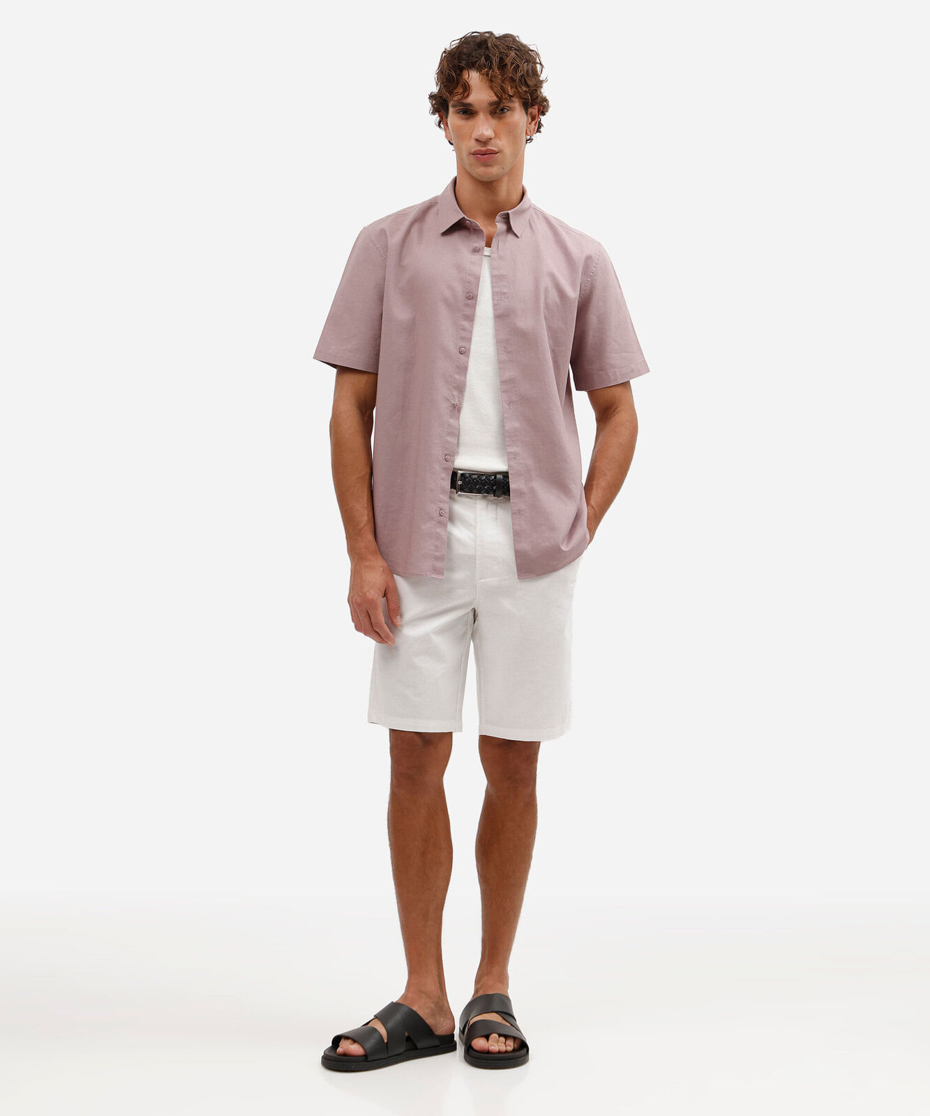 camisa comfort masculina com linho manga curta lilás