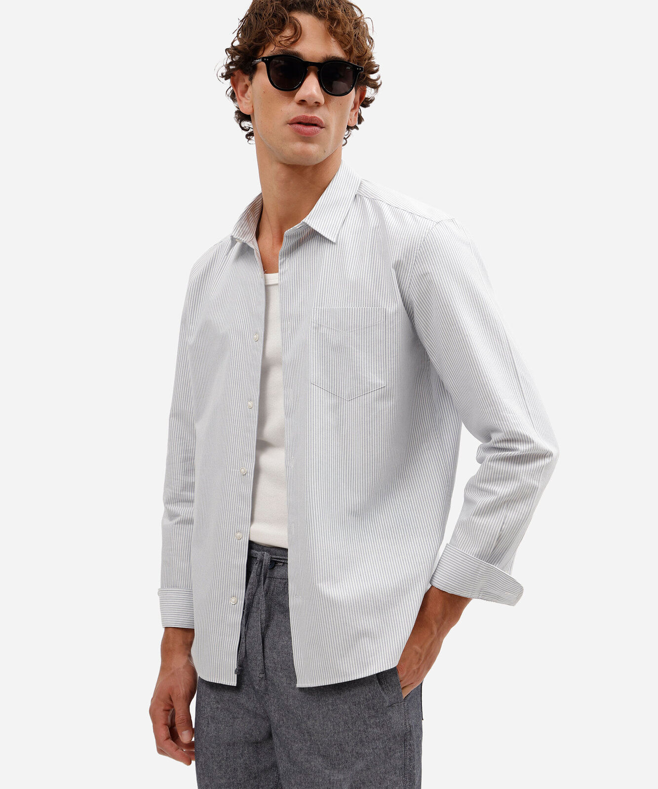 camisa masculina de algodão manga longa listrada azul