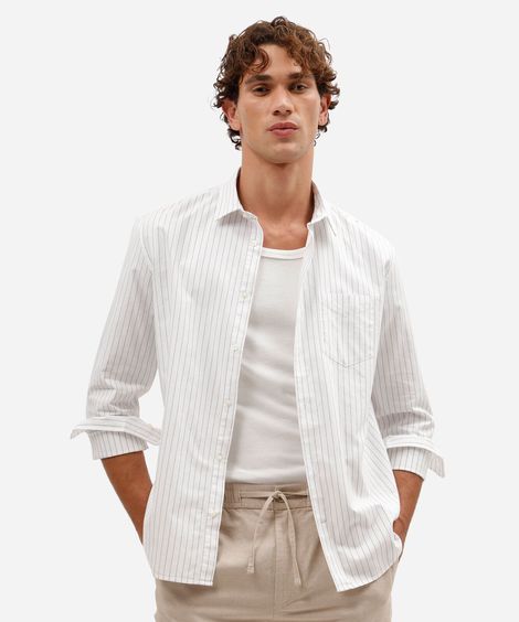 camisa masculina de algodão manga longa listrada bege