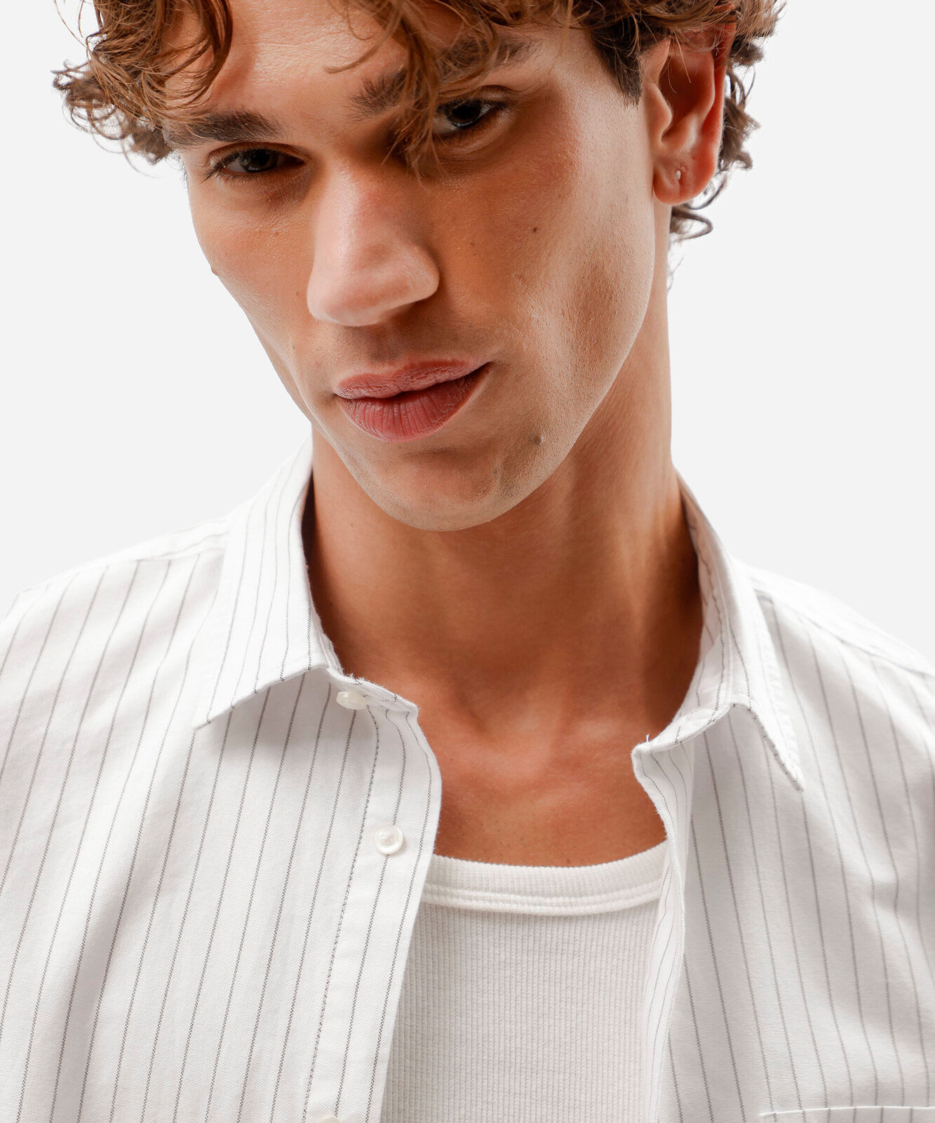 camisa masculina de algodão manga longa listrada bege