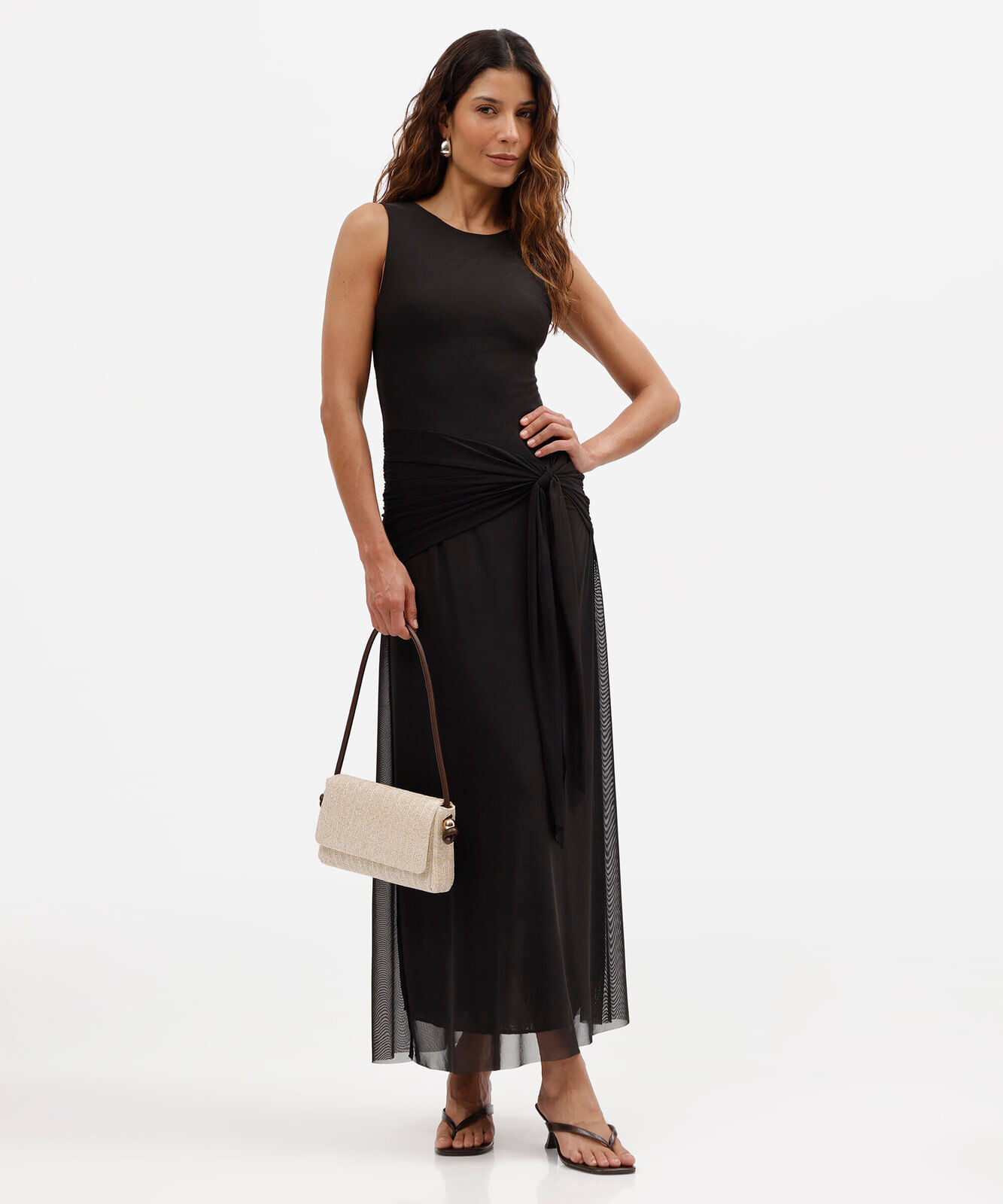 vestido longo feminino de tule com amarração preto