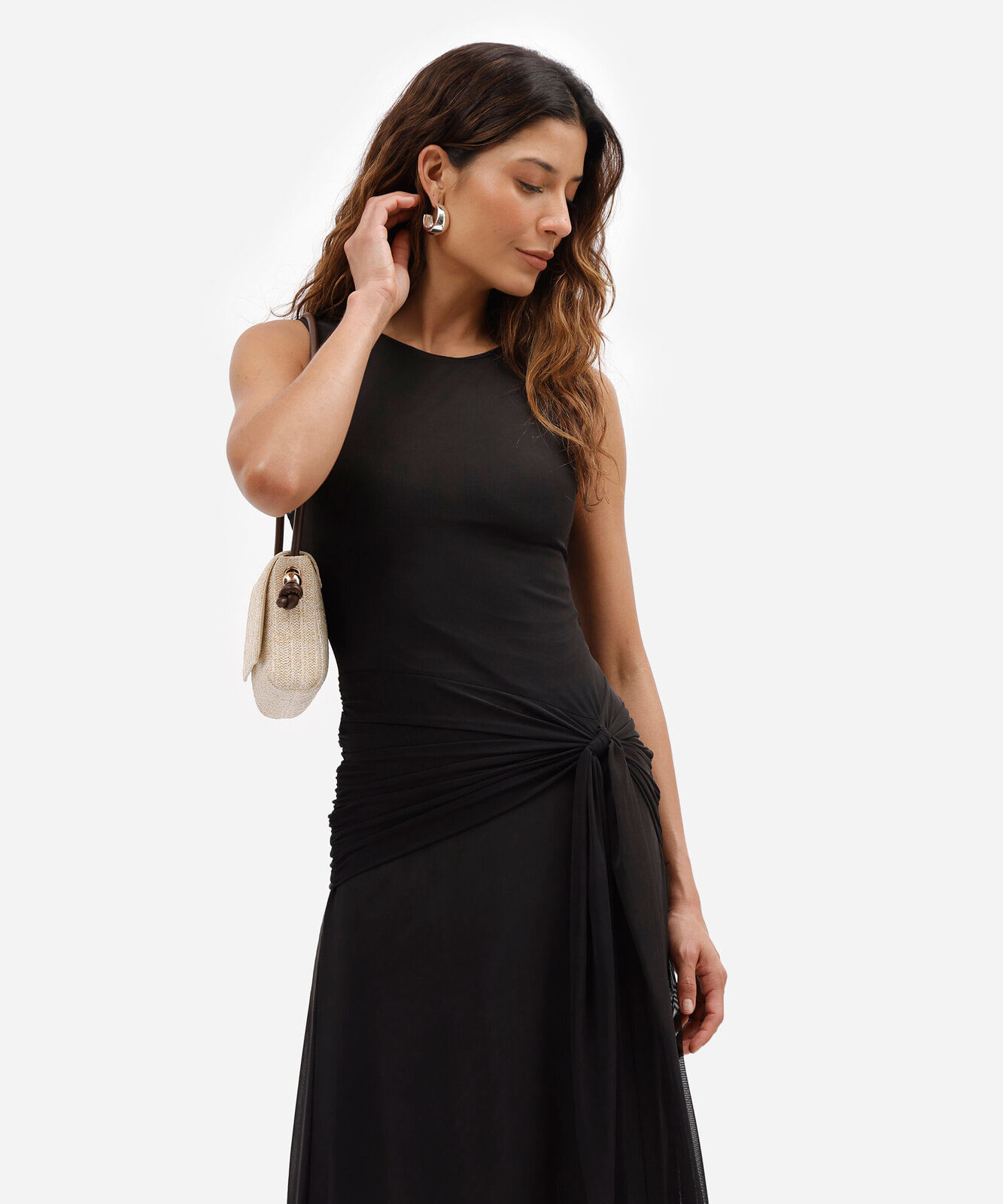 vestido longo feminino de tule com amarração preto