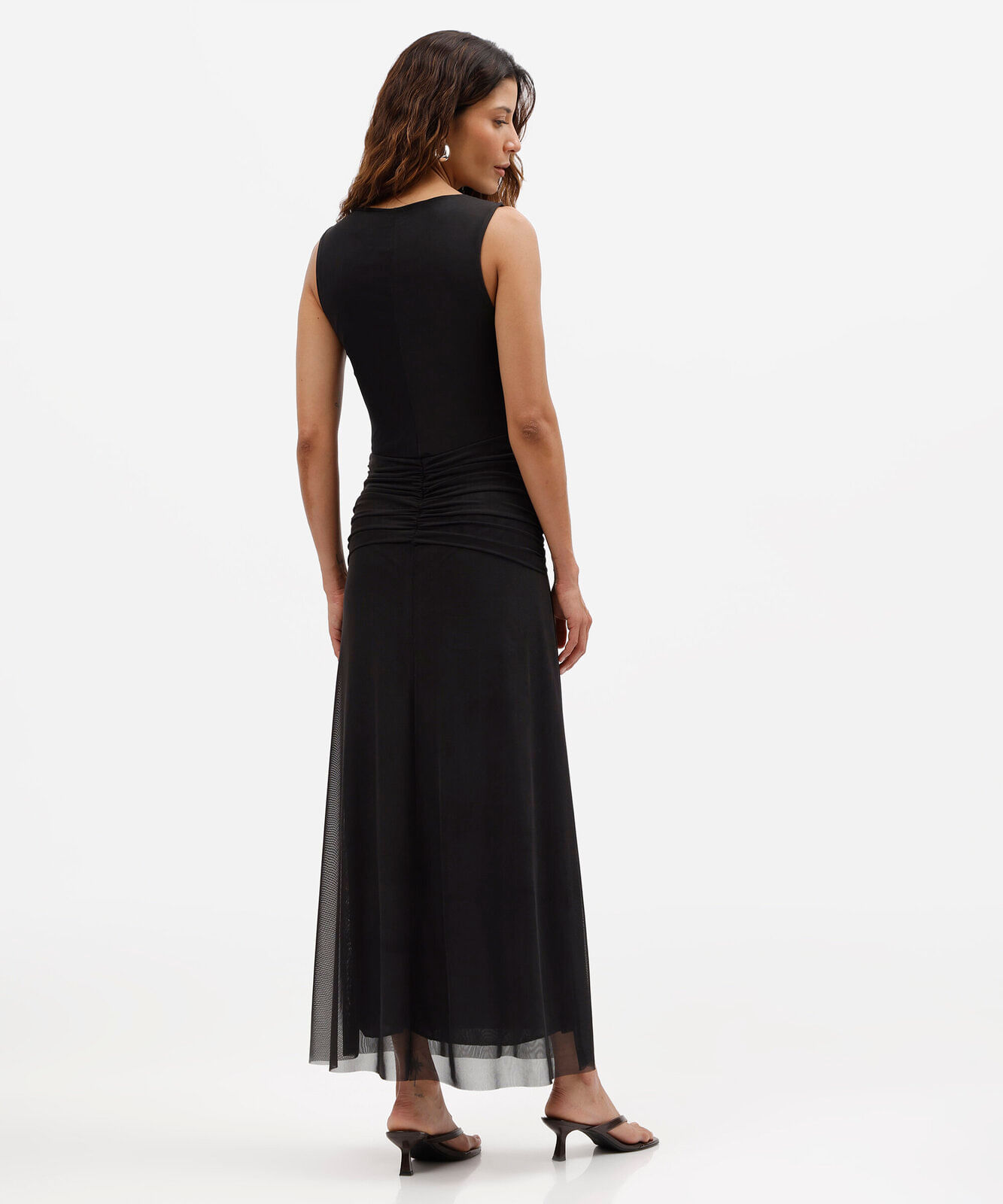 vestido longo feminino de tule com amarração preto