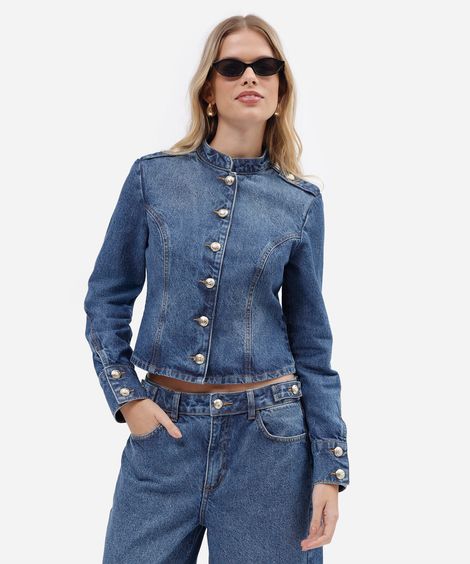 jaqueta militar feminina jeans com recorte azul
