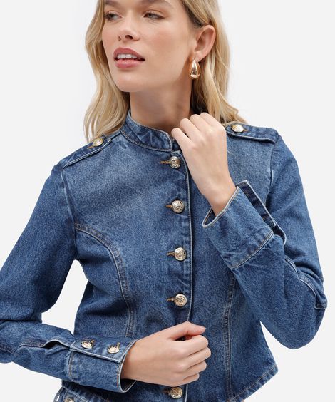 jaqueta militar feminina jeans com recorte azul