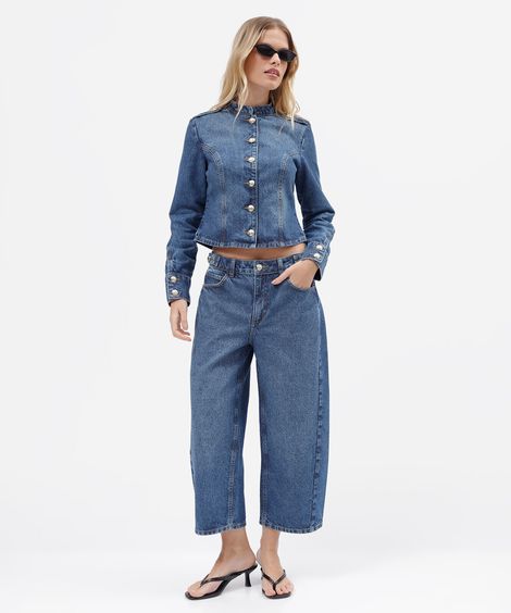 calça baggy cropped feminina jeans cintura média azul