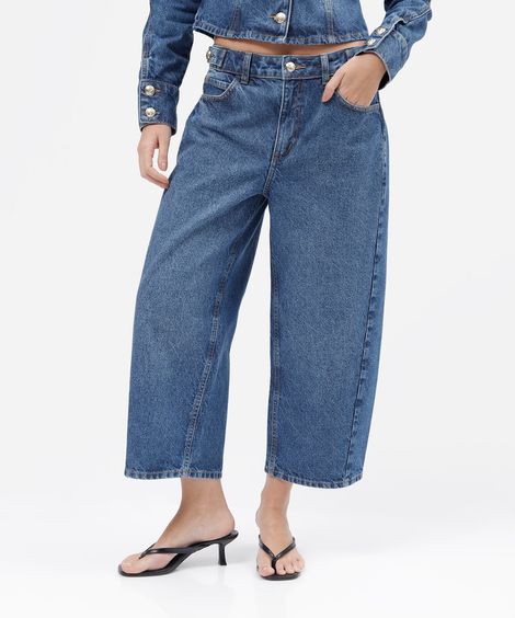 calça baggy cropped feminina jeans cintura média azul