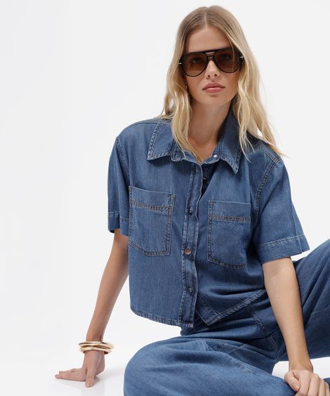 camisa cropped oversized feminina jeans manga curta azul