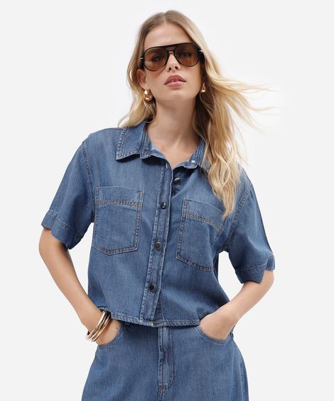 camisa cropped oversized feminina jeans manga curta azul