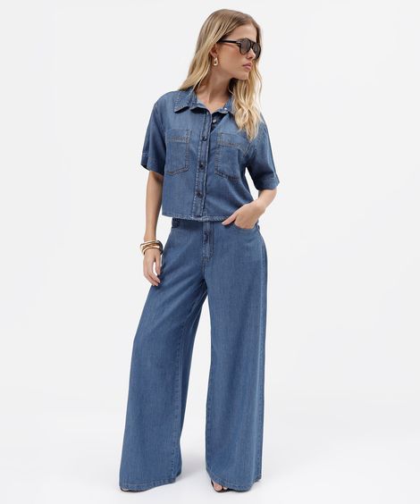 calça wide leg slim feminina jeans cintura alta azul