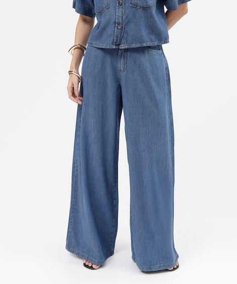 calça wide leg slim feminina jeans cintura alta azul
