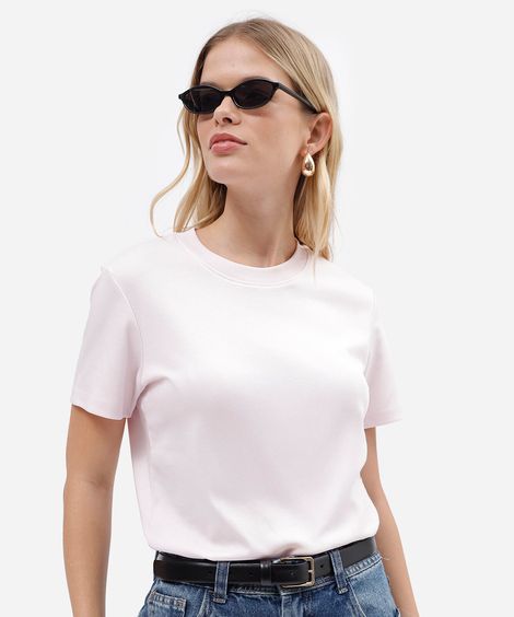 camiseta slim feminina de algodão peruano manga curta básica rosa