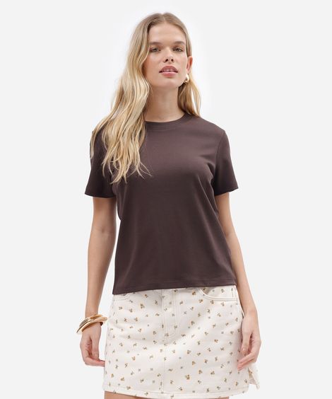 camiseta slim feminina de algodão peruano manga curta básica marrom