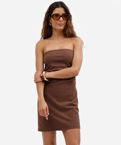 vestido feminino curto sem alças de malha crepe marrom